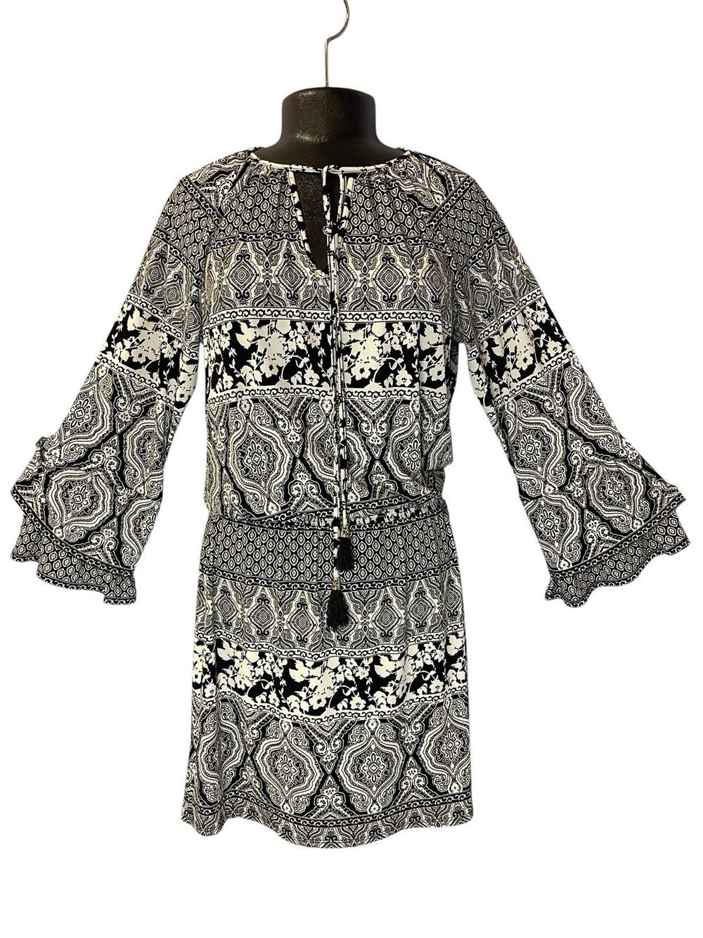 WHBM Boho Geometric Black White Dress 3/4 Tiered Sleeve Tassel Tie size 2